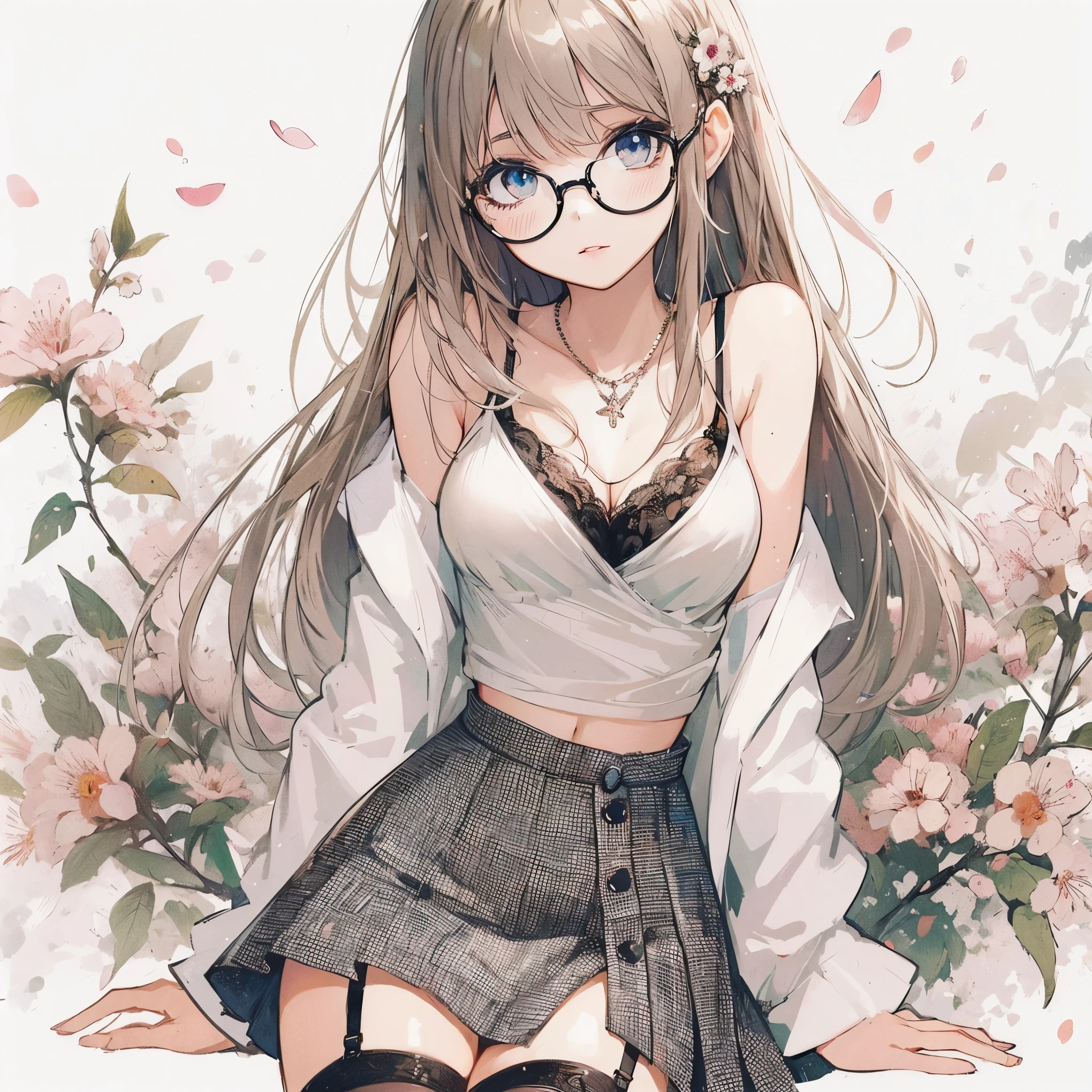 I am here、1 girl、Wavy Hair、Glasses、Small breasts、He is short、、High resolution、highest quality、Detailed face、Fine grain、White panties spread legs、Sitting、skirt、Look at this、