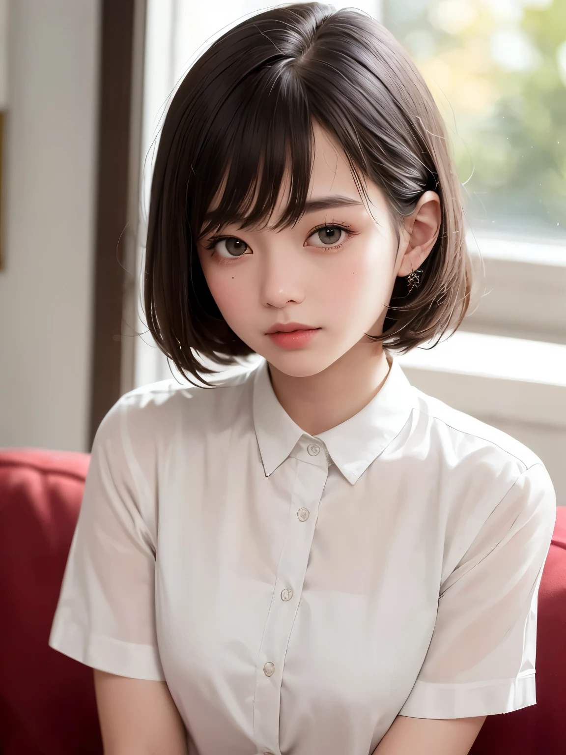 (8k、highest quality、masterpiece:1.8、bangsのあるショートボブヘア:1.8)、(Genuine、Genuineistic:1.5)、Very detailed、1 girl、28 years old、cute、alone、Sitting、 (Beautiful symmetrical face、Beautiful face with golden ratio、smile:1.15、Beautiful light brown eyeouth closed)、big chest、Looking into the camera、Looking into the camerachest元、Beautiful and beautiful eyes、big, Round eyes、Transparent double eyelids、eyelash、lips、(White shirt:1.6)、(short hair:1.2)、Very black hair:2、bangs、Light brown eyes、Beautiful long neck、smile、shut up.、cute face、Genuineistic skin types、Genuineの質感、Unbutton、淡いピンクのlips、There&#39;s Genuinely no background、Genuinely pure white background、28 years old,Natural light、上lipsが厚くない、Hands are lowered、(({Huge|big|Hugeな|Mega} chest:2, chestの谷間:2、A very beautiful and charming adult woman:1.5、Beautiful neckline、Very beautiful décolleté:1.9))