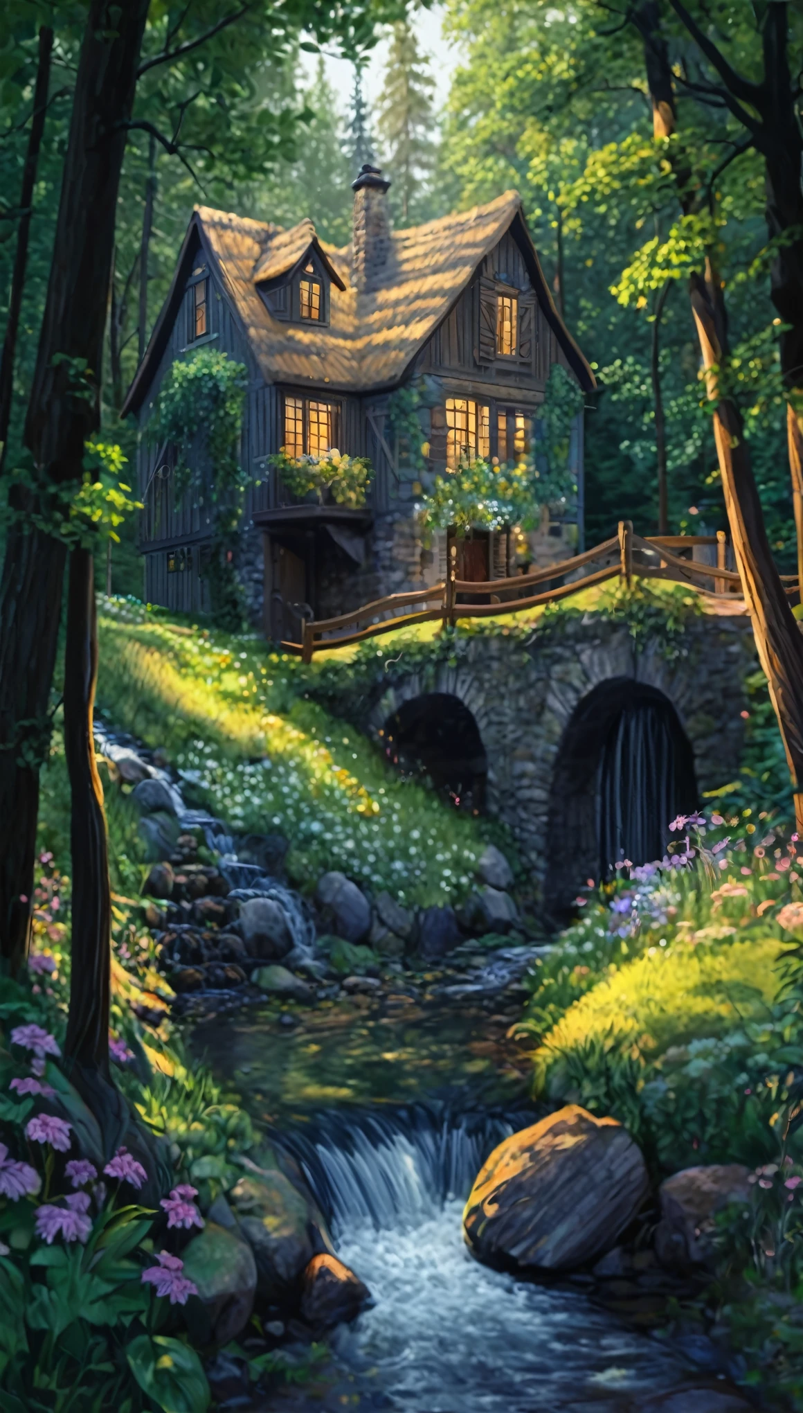 a painting of a house in the woods with a stream running through it, beautiful house on a forest path, cottage in the forest, house in the wood, cottage in the woods, detailed painting 4 k, cottagecore, idyllic cottage, house in forest, 8k high quality detailed art, beautiful digital painting, cottagecore!!