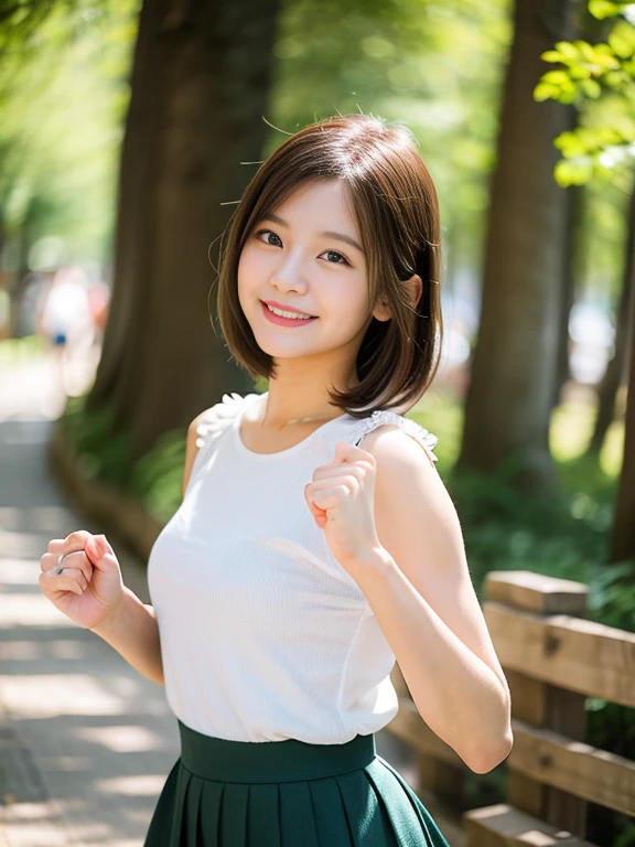Realistic photo quality、20 year old Japanese model、Idol、Blur the background a lot、 One beautiful woman、Cute Smile、Frilled dresini skirt、Hands, feet and beautiful face of a person、The whole body of the person、forest path、looking at the camera、Sprinting towards here、Hands in fist shape、short hair、Brunette Hair、View the photographer