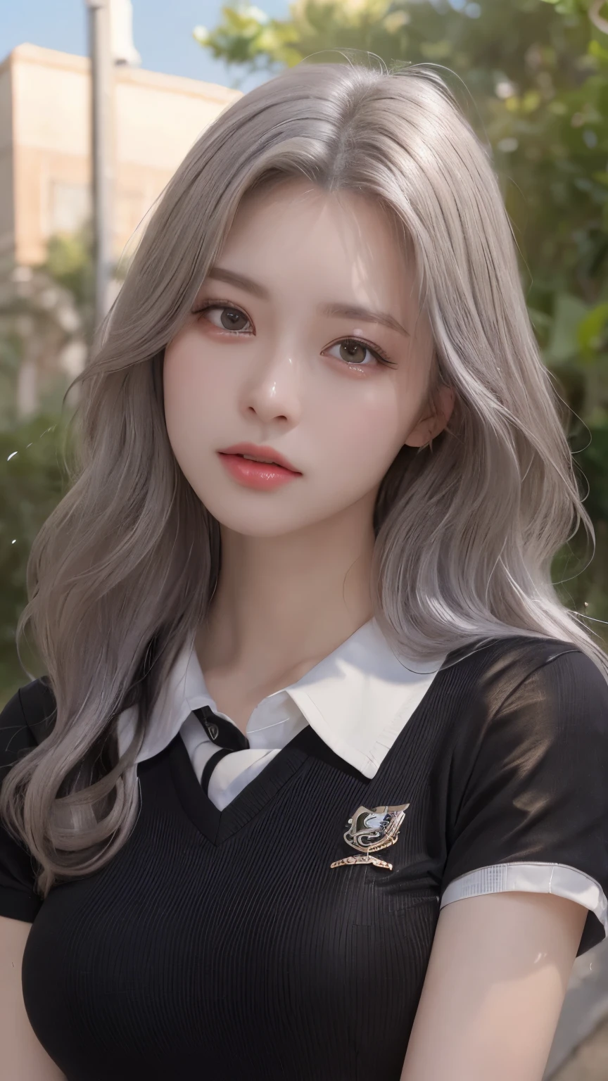 ((masterpiece)), ((highest quality)), ((High resolution)), ((Highly detailed CG Unity 8k wallpaper)), alone, tachibana kanade, Full body、Big Breasts、Brown uniform, Black Skirt, White socks, Outdoor, face, Beach, Hanging hair, Parted hair, Silver Hair
