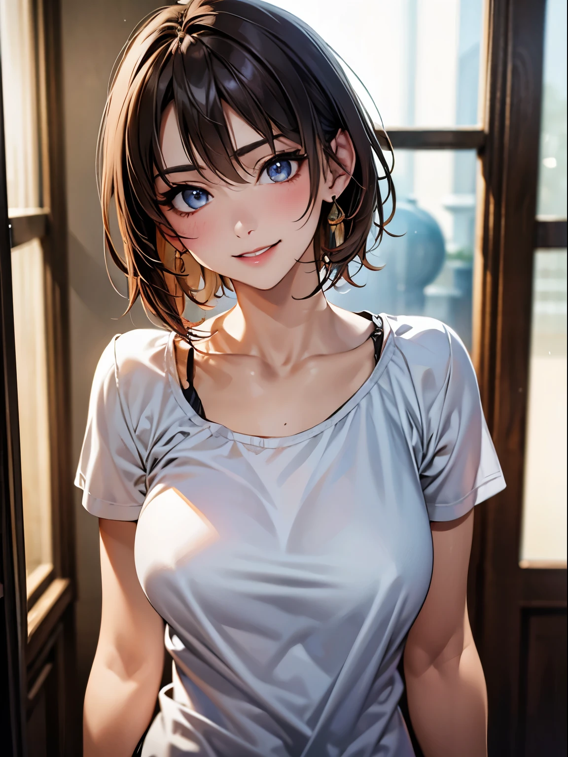 highest quality, Ultra-high resolution, (Realistic: 1.4), beautiful Eyes, Super beautiful, Very short hair, beautiful, lover, Rough chest T-shirt, beautiful Soldier, Eyes that beckon the viewer, loverの視点, Attractive expression, Sexy smile, Perfect Style, Perfect balance, Detailed skin, Mischievous Gaze, I can see your chest