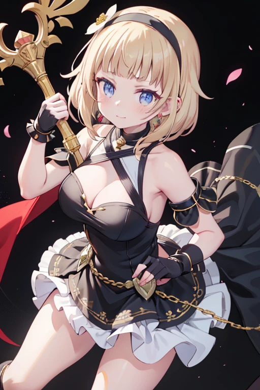 yor briar, anime style beutiful woman, 1girl, happy, sexy pause,(with sparkling eyes and a contagious smile:0.9),red face, closed mouth, beautiful detailed eyes, super detailed skin, backlighting, bare shoulders, black background, black dress, black gloves, black hair, breasts, dress, earrings, fingerless gloves, floating hair, floral print, flower, gloves, gold earrings, gold hairband, hair flower, hair ornament, hairband, holding, holding weapon, jewelry, large breasts, long hair, looking at viewer, off-shoulder dress, off shoulder,red eyes, short hair with long locks, sidelocks, solo, spikes, thighs, two-sided dress, two-sided fabric, weapon, fighting stance , face, close up, from above, highest quality, looking at viewer,high resolution.