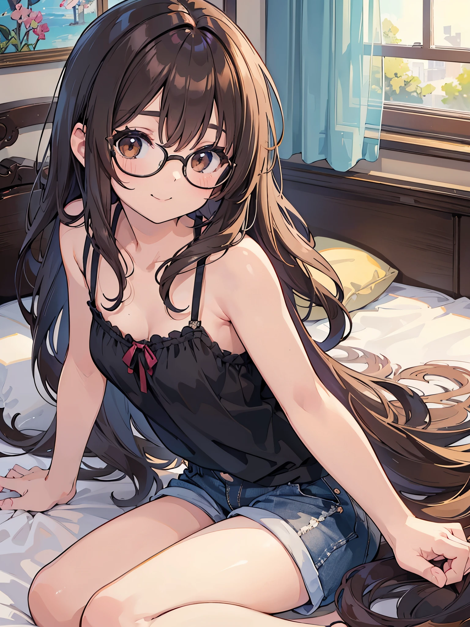 1 Female、Brown hair、Brown Eyes、Best Quality、Super detailed、8 Resolution、Raw photo、Mastepiece、Perfect Body、high resolution、highest quality、Detailed drawing、Vibrant colors、lure、smile、Long Hair、Black-rimmed glasses、Captivating breasts、Lie down on the bed、camisole、Shorts