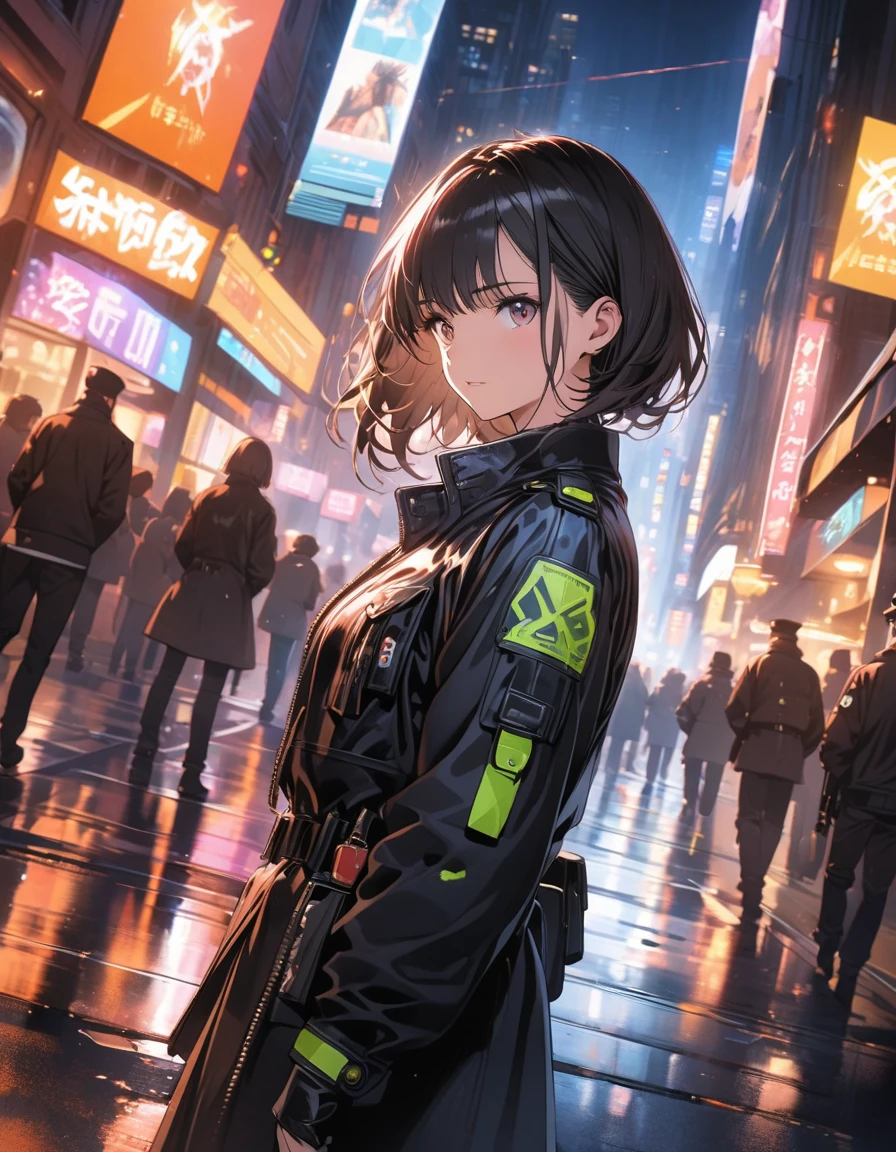 anime style, super fine illustration, highly detailed, dynamic angle, beautiful detailed, 8k, At night, in a cyberpunk cityscape, a female police officer patrols the neon-lit streets. Her footsteps echo against the damp pavement as she keeps a watchful eye on the shadows, ready to enforce justice in this futuristic metropolis.