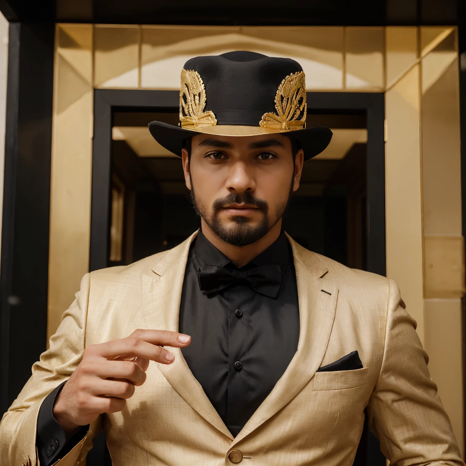 "Crear un logo que presente un hombre sin rostro, elegantemente vestido con sombrero y traje de gala en una paleta de colores negro y dorado. The design must convey sophistication and mystery."