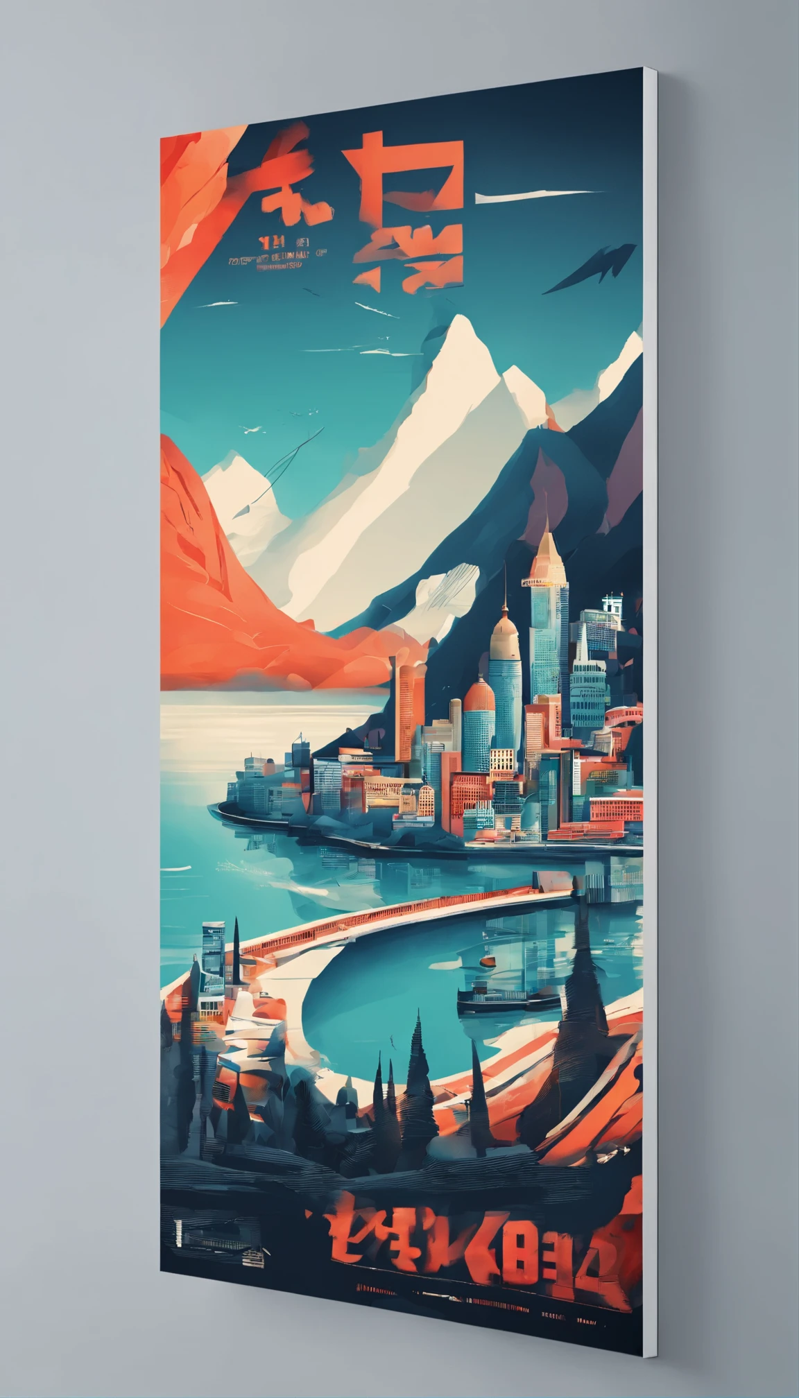 4K，，graphic design，daytime，huge buildings，A small amount of smoke，Mountain，A small number of lakes, poster, fresh style background, attractive,Ultra HD，masterpiece，Minimalism,  close up, 8k,precise, best quality, Ultra HD