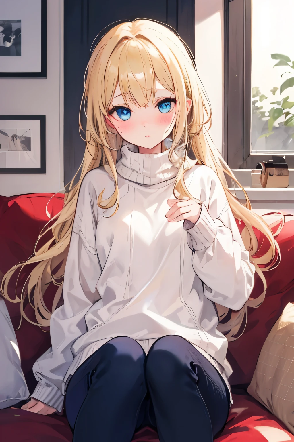 ((best quality) woman, blush, Blonde hair, blue eye, long hair, Sweater