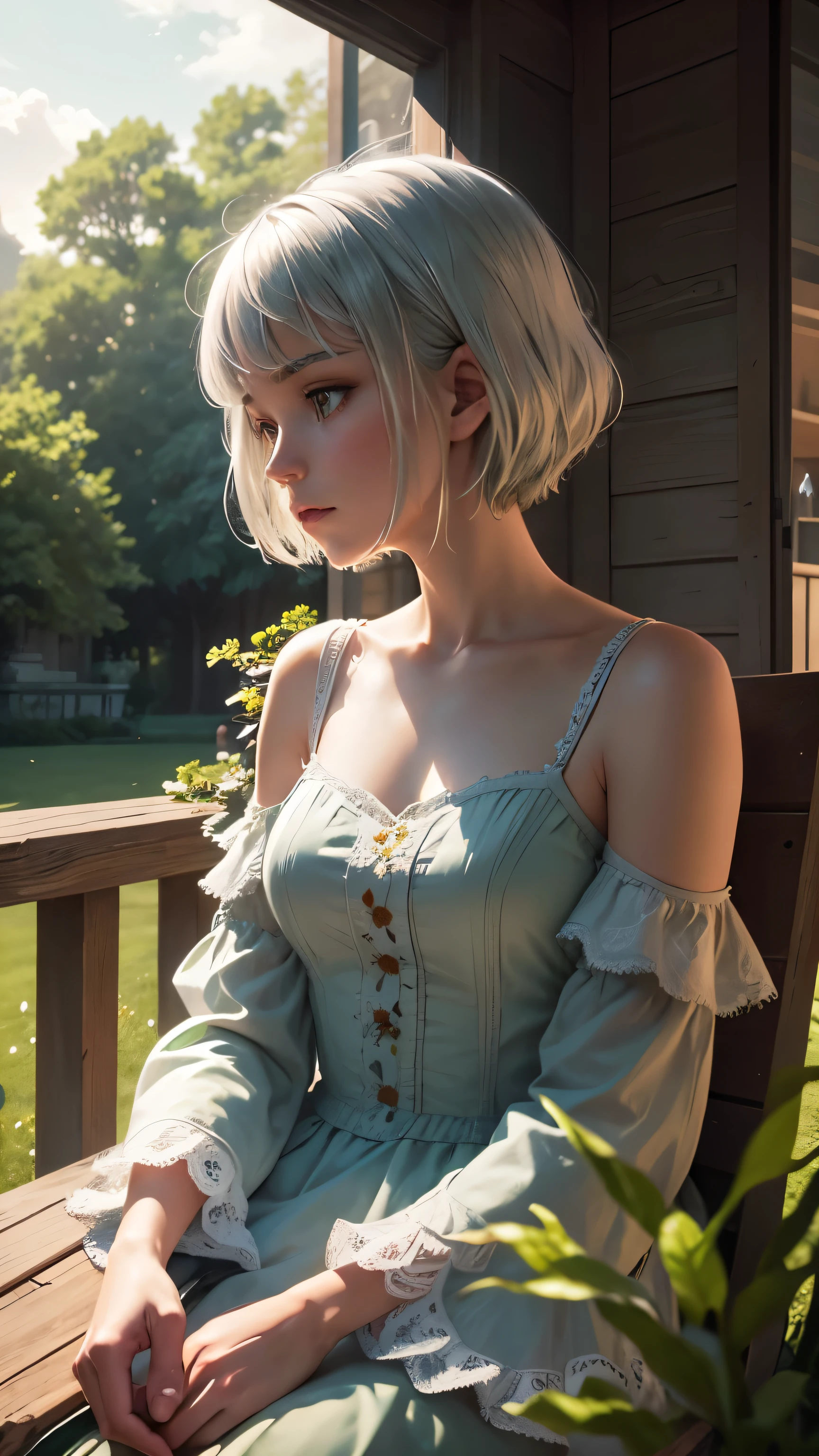 masterpiece, highest quality,Very detailed,Hyper Details, cinematic Light,, One girl, alone, sit, Outdoor, Summer House, sitting in the Summer House, plant, table, chandelier, Candles, Wind, Green Eyes, Pan Green Silver Hair, short hair, Floating Hair, Light, Light frown, profile,View your viewers, dynamic_angle