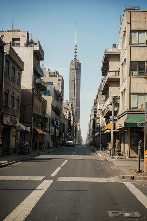 16-bit pixel art, pixel game, post apocalyptic city street with distant city ruin skyline, large empty street, style of metal slug