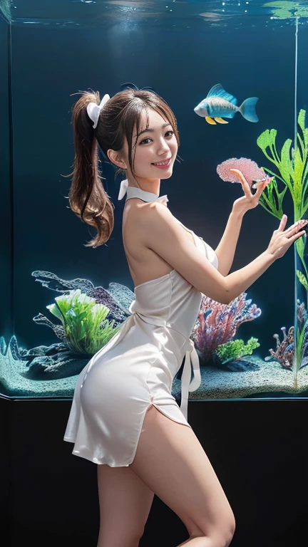 ((masterpiece)), (highest quality), 23 years old,Very detailed, finely, (High resolution), (8k), ((Perfect front viewcomposition)), (Natural color lip),(Side Ponytail:1.3),(((big aquarium内で前を向いて立っている, Look at me and smile))),((Silk Rainbow Short Dress)),((From the whole body to the toes:1.3)),((Perfect front view)),((big aquarium)),((Natural pose)),,((Big ribbon on thigh)),((Normal size buttocks)),((Ample breasts)),((Full and firm breasts)),(Look at me and smile),