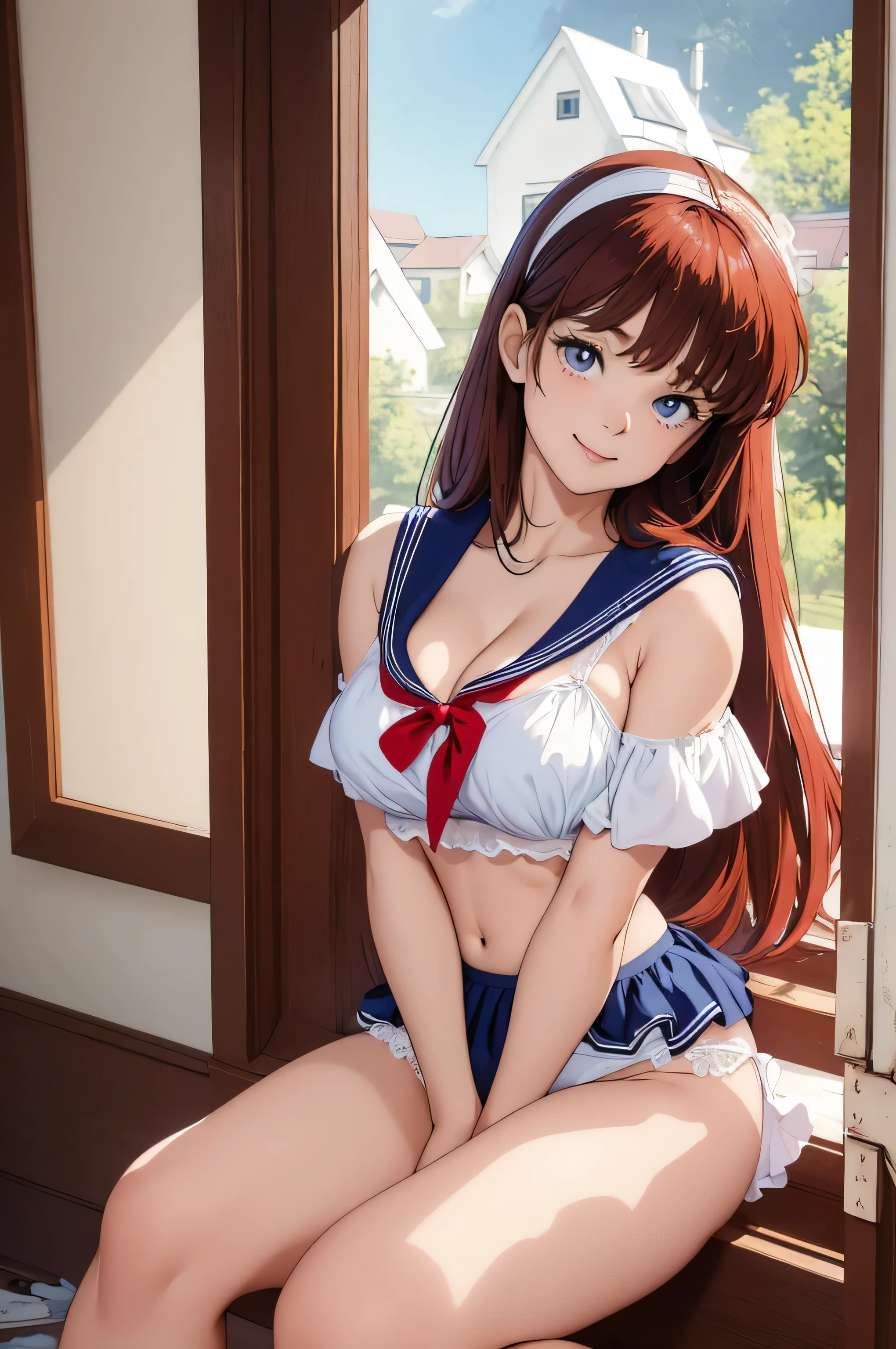 masterpiece, highest quality:1.2), Abandoned house, erika, alone,Sitting, (Idol Pose), Long Hair, Red Hair, pink headband, A cute teenage face, smile, Open your mouth:1.3, Partially destroyed sailor uniform, (Large Breasts:1.1), White ruffled bra, Stunning cleavage, (mini skirt:1.4, Navy blue), (String panties are visible:1.5, sexy, White), 