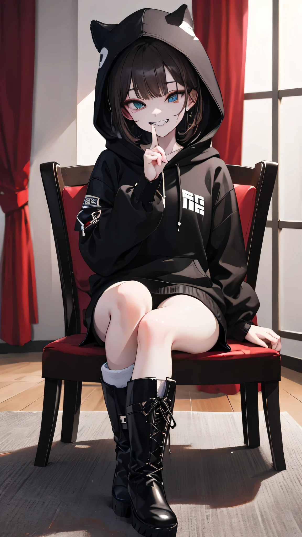 ultra-detailed , best quality, high resolution, master piece ,beautiful eyes, Female 3P、cute、evil grin、Inside the Hotel、Sitting、
black and White hoodie、Red and black hoodie、White hoodie、((black platform boots))、perfect finger、
Brown Hair、Black Hair、Black Hairロング、black eye,Sitting,Chair,