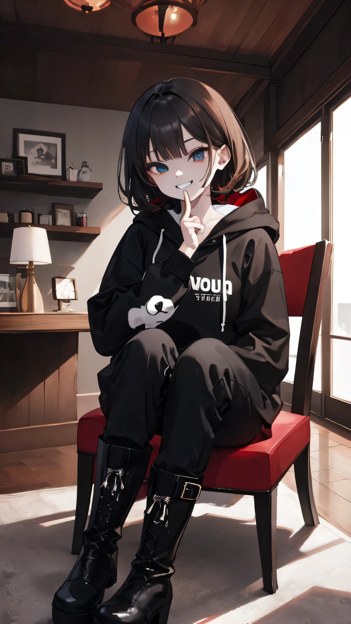 ultra-detailed , best quality, high resolution, master piece ,beautiful eyes, Female 3P、cute、evil grin、Inside the Hotel、Sitting、
black and White hoodie、Red and black hoodie、White hoodie、((black platform boots))、perfect finger、
Brown Hair、Black Hair、Black Hairロング、black eye,Sitting,Chair,