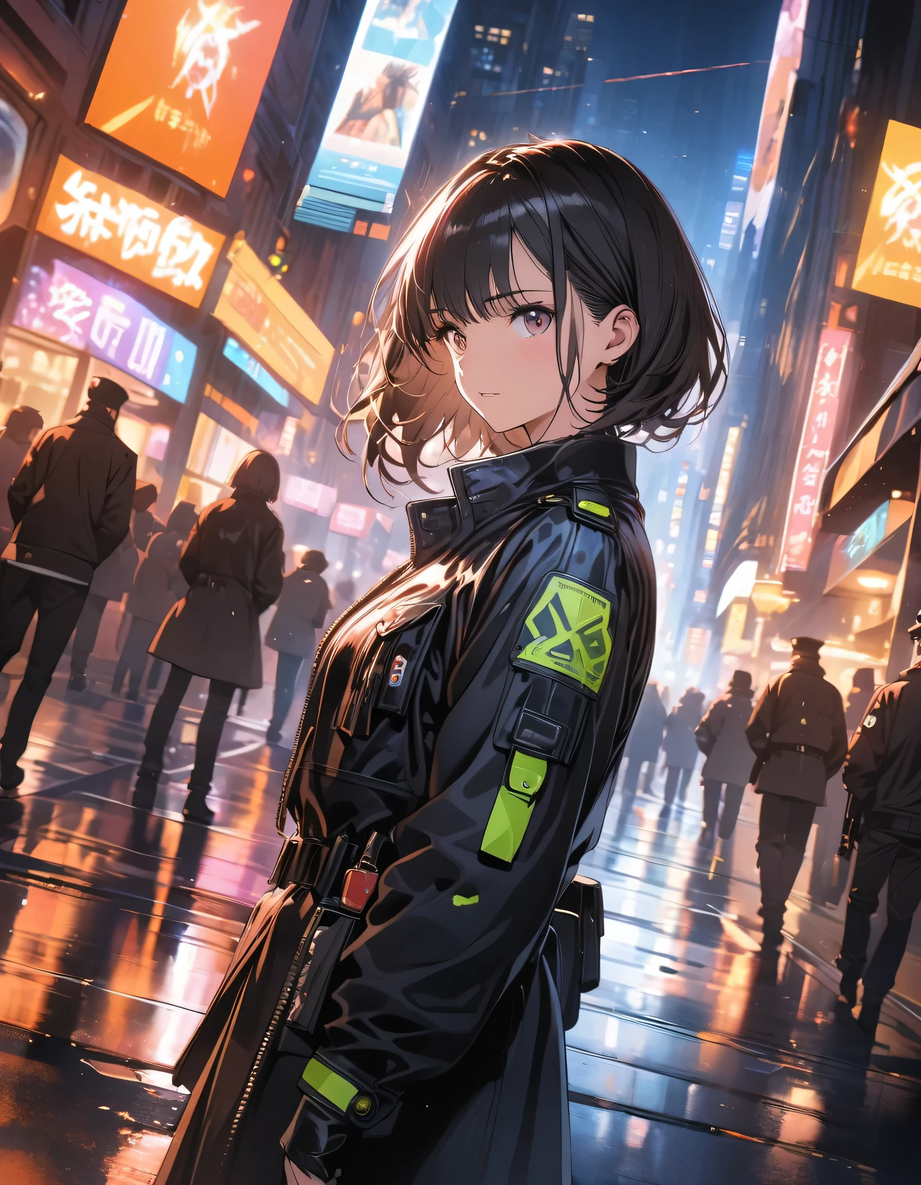 anime style, super fine illustration, highly detailed, dynamic angle, beautiful detailed, 8k, At night, in a cyberpunk cityscape, a female police officer patrols the neon-lit streets. Her footsteps echo against the damp pavement as she keeps a watchful eye on the shadows, ready to enforce justice in this futuristic metropolis.