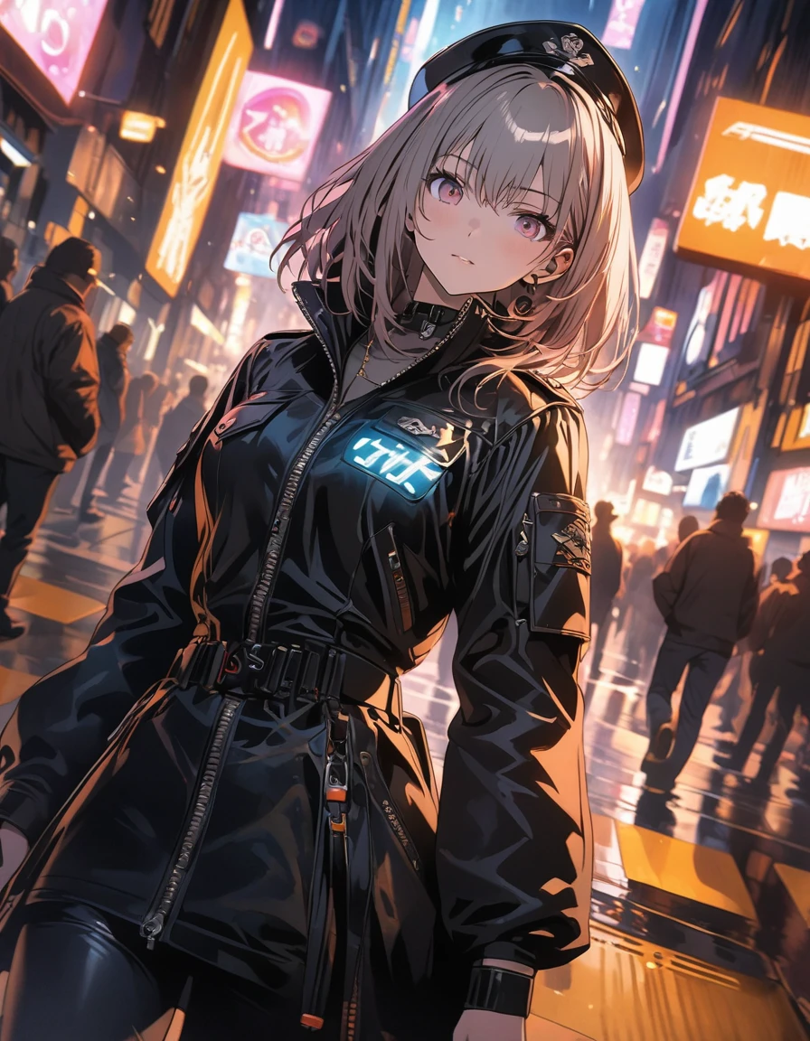anime style, super fine illustration, highly detailed, dynamic angle, beautiful detailed, 8k, At night, in a cyberpunk cityscape, a female police officer patrols the neon-lit streets. Her footsteps echo against the damp pavement as she keeps a watchful eye on the shadows, ready to enforce justice in this futuristic metropolis.