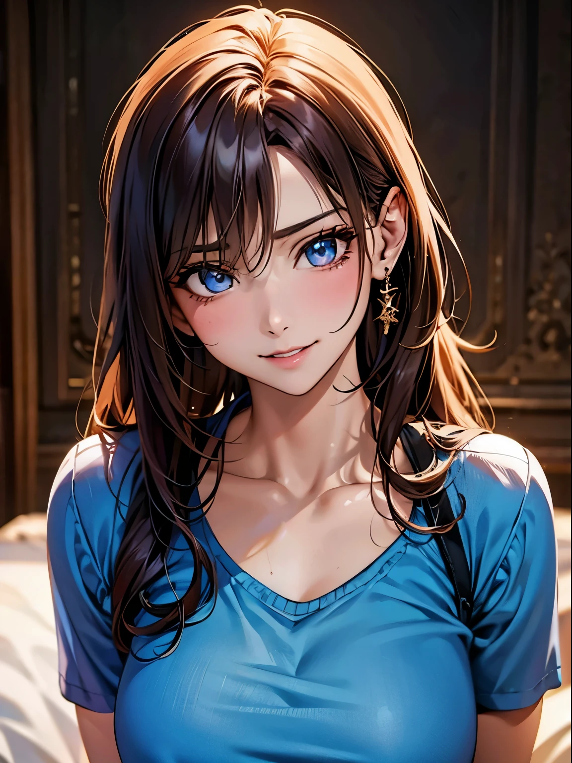 highest quality, Ultra-high resolution, (Realistic: 1.4), beautiful Eyes, Super beautiful, beautiful, lover, Rough chest T-shirt, beautiful Soldier, Eyes that beckon the viewer, loverの視点, Attractive expression, Sexy smile, Perfect Style, Perfect balance, Detailed skin, Mischievous Gaze, I can see your chest