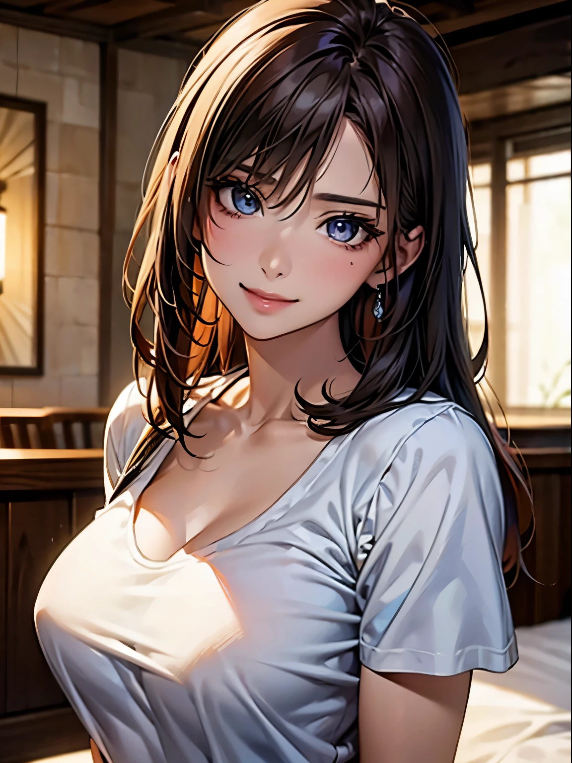 highest quality, Ultra-high resolution, (Realistic: 1.4), beautiful Eyes, Super beautiful, beautiful, lover, Rough chest T-shirt, beautiful Soldier, Eyes that beckon the viewer, loverの視点, Attractive expression, Sexy smile, Perfect Style, Perfect balance, Detailed skin, Mischievous Gaze, I can see your chest