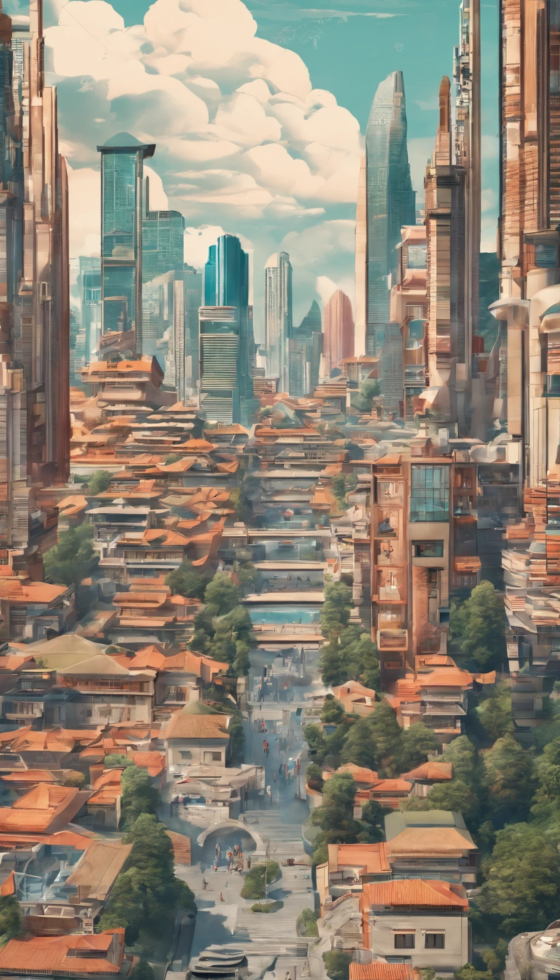 4K,,graphic design,daytime,,huge buildings,A small amount of smoke,Mountain,A small number of lakes, poster, fresh style background, attractive,Ultra HD,masterpiece,Minimalism, close up, 8k,precise, best quality, Ultra HD
