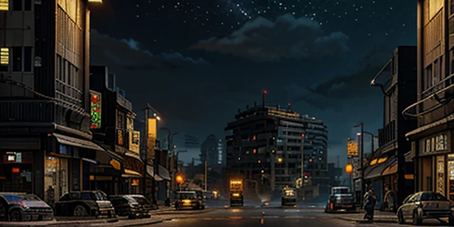 16-bit pixel art, pixel game, post apocalyptic city street with distant city ruin skyline, large empty street, night time, style of metal slug