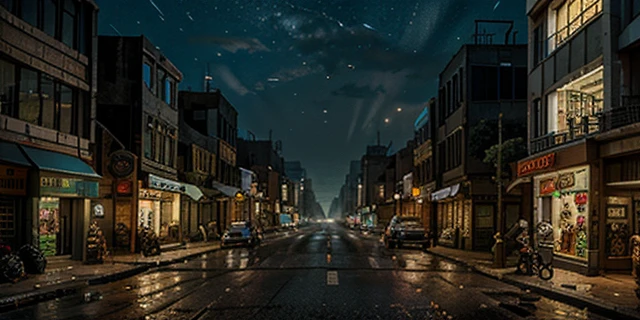16-bit pixel art, pixel game, post apocalyptic city street with distant city ruin skyline, large empty street, night time, style of metal slug