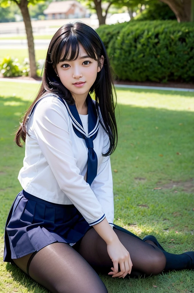 Super realistic in summer uniform, 17-year-old girl、serafuku、seifuku, Color Sailor Uniform, Browsing Caution,Japan , A seductive smile、Japanese ido、Skirt and thighs、Sitting on the lawn、Sitting, (Wearing pantyhose、Ultra-realistic pantyhose)、RAW Photos, (In 8K、highest quality、masterpiece:1.2)、(Intricate details:1.4)、(Photorealistic:1.4)、Octane Rendering、Complex 3D rendering with ultra-detail, Studio Soft Light, Rim Light, Vivid details, Super Detail, Realistic skin texture, Highly detailed CG Unity 16k wallpaper, compensate, (Detailed Background:1.2),　Glowing Skin、looked back、Exposed thighs!!!、