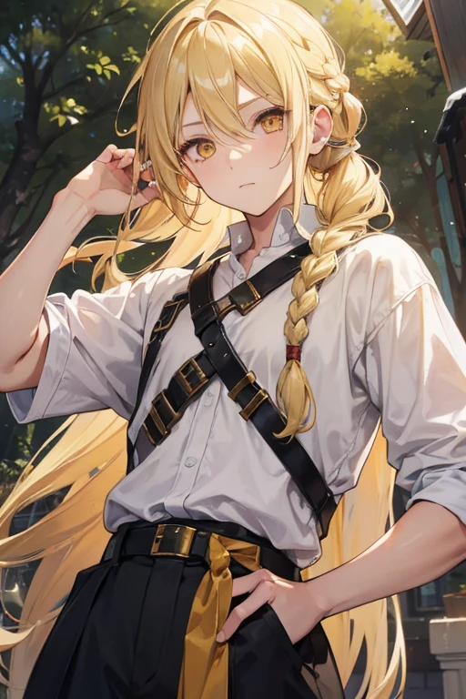 1boy, blonde, long hair, hair tied in a braid, golden eyes