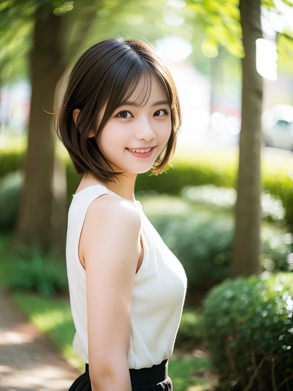 Realistic photo quality、20 year old Japanese model、Idol、Blur the background a lot、 One beautiful woman、Cute Smile、Frilled dresini skirt、Hands, feet and beautiful face of a person、The whole body of the person、forest path、looking at the camera、Sprinting towards here、short hair、Brunette Hair、View the photographer、indivual々Hold hands lightly