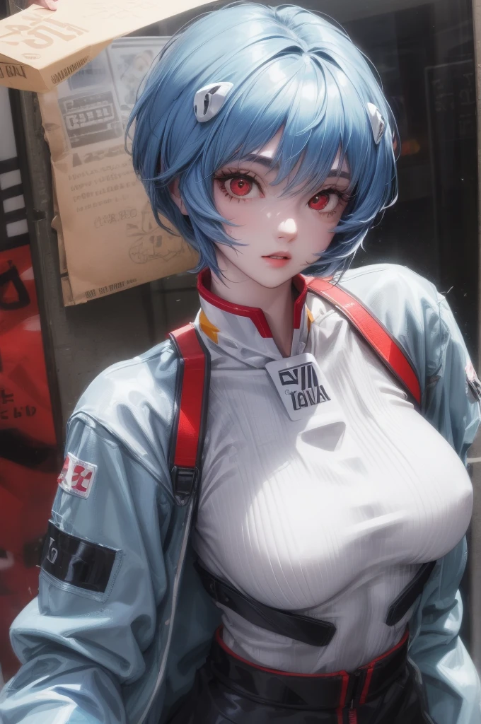 1 GIRL, reiayanami, rei ayanami, blue hair, short hair, (red eyes:1.5), ultra realistic, REALISTIC, Ultra detailed, More detailed, Japan city scenaries. Random scenaries japan, Casual Outfit, BREAK outdoors, city, BREAK looking at viewer, BREAK (masterpiece:1.2), best quality, high resolution, unity 8k wallpaper, Light particles passing through the photo, (illustration:0.8), (beautiful detailed eyes:1.6), extremely detailed face, perfect lighting, extremely detailed CG, (perfect hands, perfect anatomy),