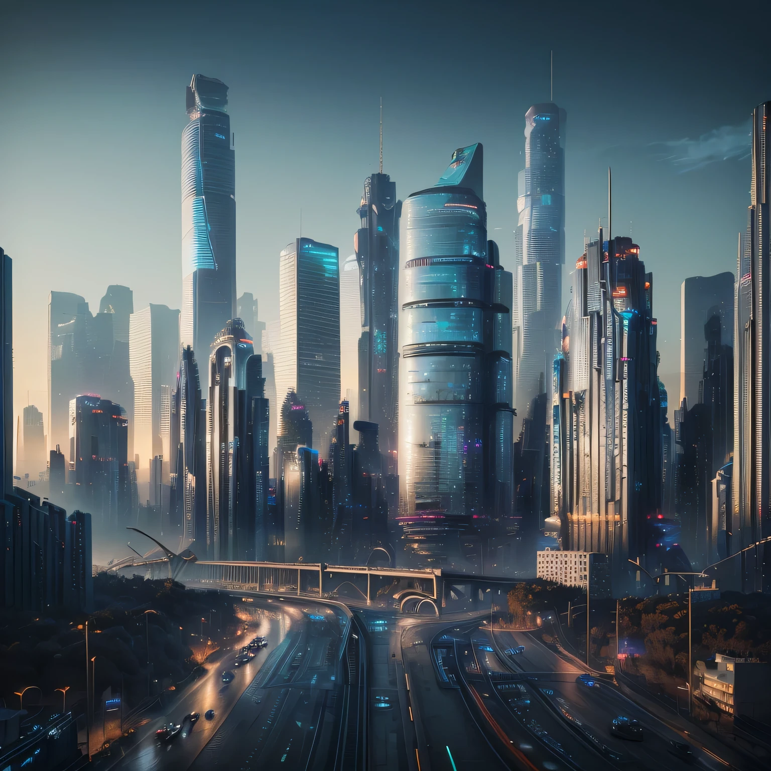 arafed cityscape with a highway and a highway in the foreground, hyper realistic cyberpunk city, 8k matte painting, 8 k matte painting, matte painting v ray, photo of futuristic cityscape, hyperrealistic matte painting, photorealistic matte painting, 3d rendered matte painting, matte painting 4k 8k, futuristic cityscape, cinematic matte painting, ultrarealistic matte painting