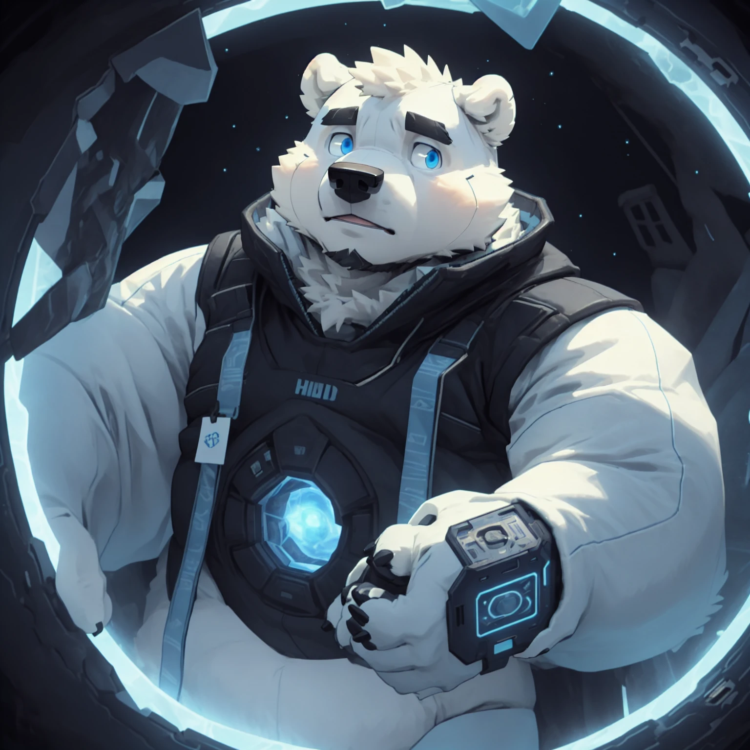 New Jersey 5 Furry,polar bear，Personal portrait,Unique，Exquisite， Chubby，Fat，Thick arms，Rugged muscles，White plush fur，Chubby脸，Black eyebrows，Sky blue eyes，Beard，Trans-dimensional Costume，High-tech portal，With a laser gun，Hiding behind coveghting