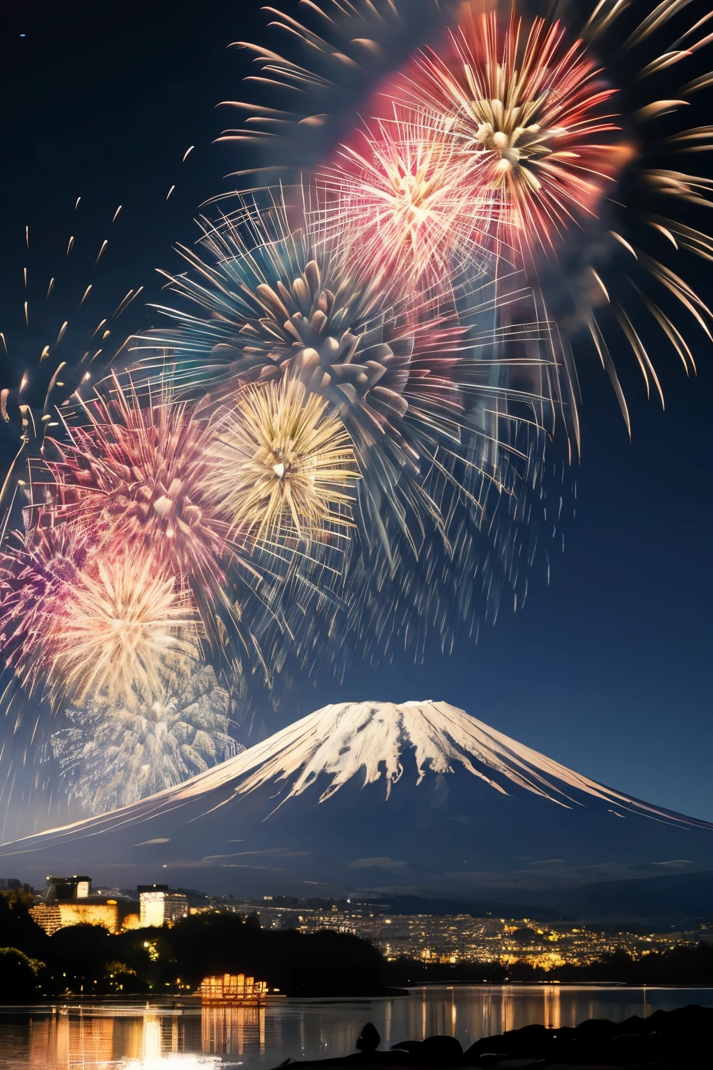 Large, large fireworks falling over Mt. Fuji in Japan. Lakeside. 32K, high quality