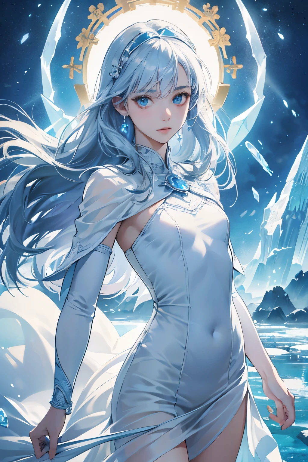 ((top-quality, masutepiece, Top image quality, 8K)), ((1girl in, perfectly proportions, Beautiful body, Detailed skin, Detailed eyes, Realistic middle chest:1.5)), ((perfectly proportions, Beautiful body, showing your whole body:1.5)), (Best Ratio: 4 fingers, 1 thumb), Trees in the snowfield shining in the morning glow々and ice, Smiling young woman in white fur long coat, ((Everything is sparkling、reflecting light:1.2)), ((Rime Ice:1.5)),