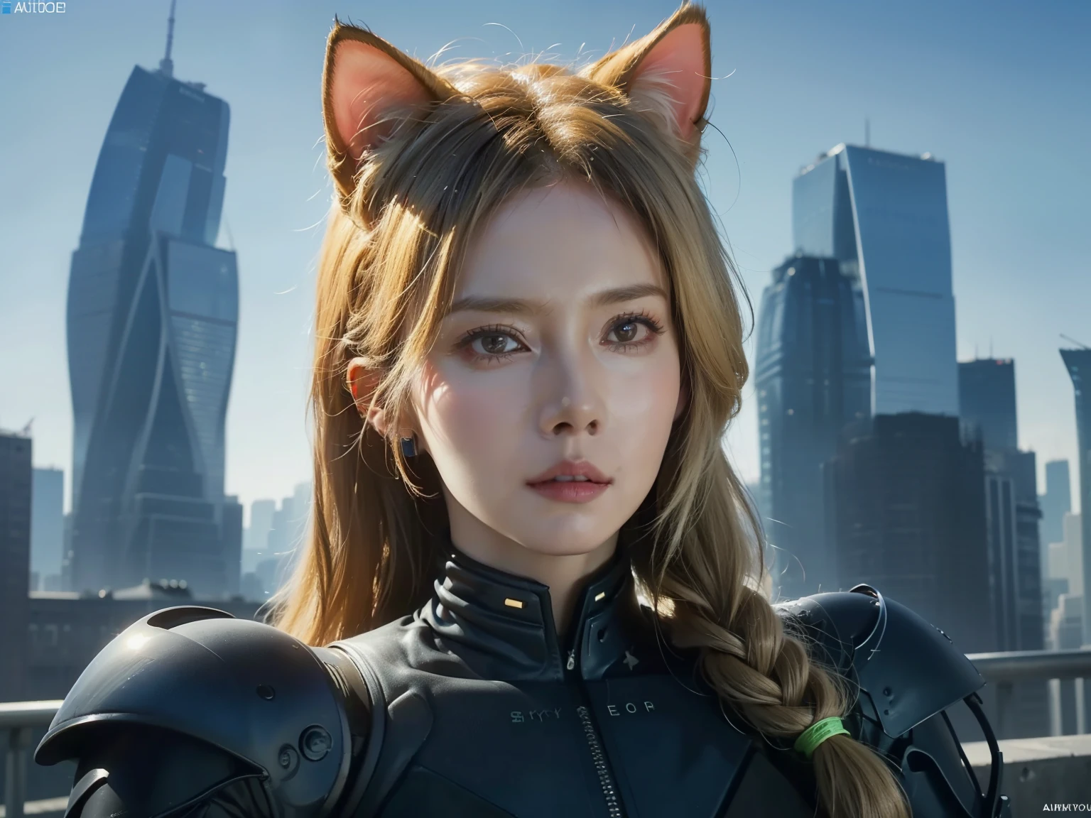 (masterpiece:1.3), (8k, Realistic, RAW Photos, highest quality: 1.4), (Two Girls), Beautiful Face, (Realistic Face),  Beautiful hairstyle, Realistic eyes, Beautiful fine details, (Realistic Skin), Beautiful Skin, Absurd, Charm, Ultra-high resolution, Ultra-realistic, Very detailed, Golden Ratio, (Two cat ears, blonde, long hair:1.3)、(Voluminous hair set), (Holding a gun), ((Futuristic skyscrapers:1.4))、tall、Large Breasts、Narrow waist、Big Ass、glamorous、Alluring、Bikini Protector、Armor、combat suit、Combat Boots、Cinematic、Best Shadow、Side lighting、sparkling neon sign, NEO TOKYO、(Close-up of face:1.2)