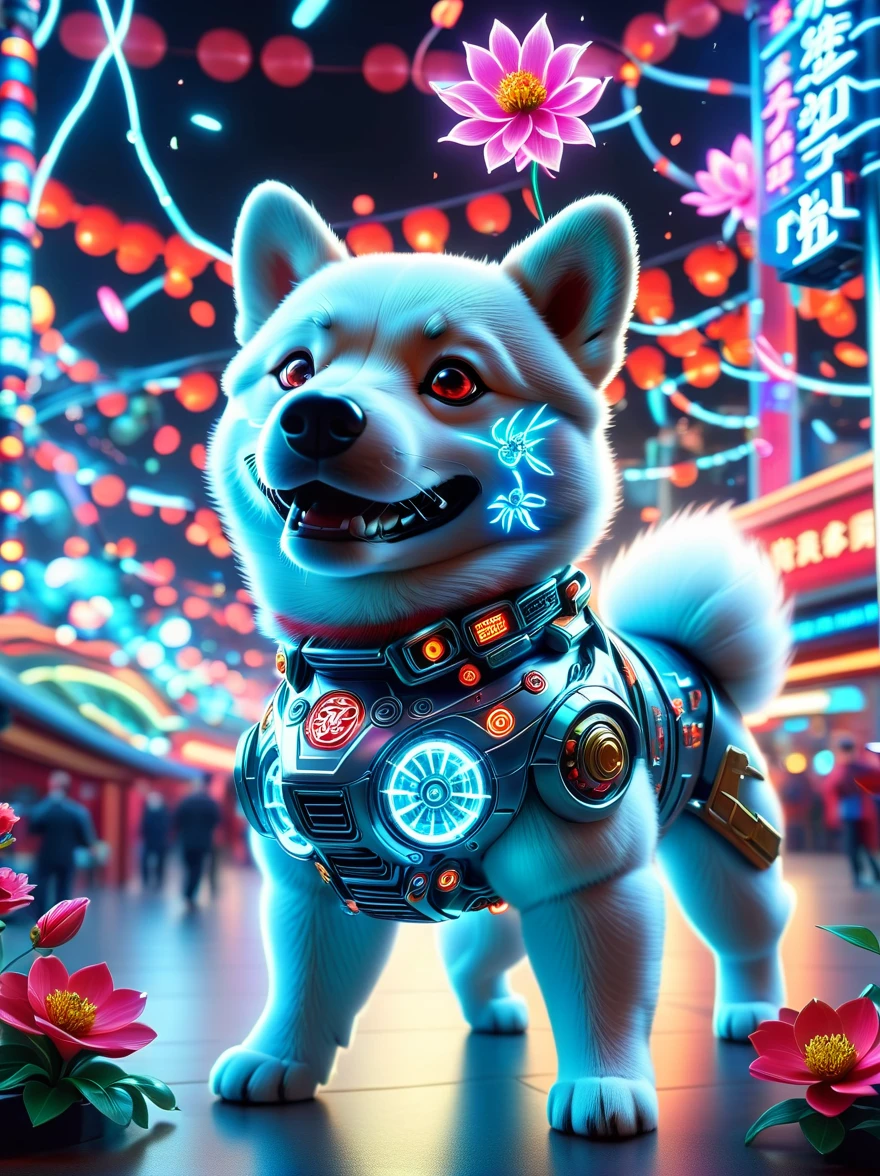  (3D，Mechanical feel，Cute Shiba Inu:1.3), Colorful neon lights, High-tech mechanical parts, Metal body, Detailed vibranium flower design, Vibrant colors, Dynamic glowing flowers, Reflective metal surface, Bright environment, Dynamic poses, Exquisite existence, Skill Improvement, Interlocking mechanical gears, Stylish design, motion blur effect, Metalworking details, Sci-fi atmosphere, Streamlined aerodynamic shape, Laser scanning pattern, Holographic projection, LED light track, beautiful and unforgettable, Advanced sensors, complex algorithm, Sinister and mysterious atmosphere, Electric Spark, Shiny chrome plating, Propulsion systems of the future, Beijing_Gundam, (best quality, 8k, high resolution, masterpiece: 1.2), Ultra Detailed, (whole body:1.8)