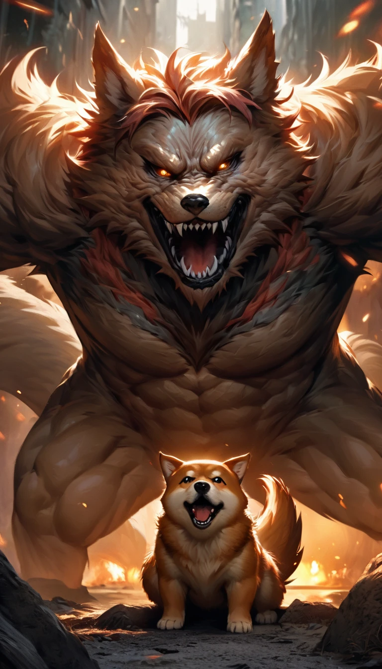 (best quality,highres:1.2),a shiba inu,growling menacingly as it fiercely guards its food,defiantly staring at potential intruders,sharp teeth bared,[strong and muscular body],intense gaze,curly tail wagging with determination,[beautiful fur:1.1],dominating presence,[wary eyes],fluffy ears perked up,a tuft of fur standing on its back,protective and alert posture,showing its territorial nature,vivid colors to enhance its menace,striking contrast between its coat and the surroundings,carefully captured lighting,immersive details capturing every strand of fur and expression,HDR effect to bring out its intensity,realistic rendering of its fierce expression,portrait style with a focus on its majestic but intimidating features