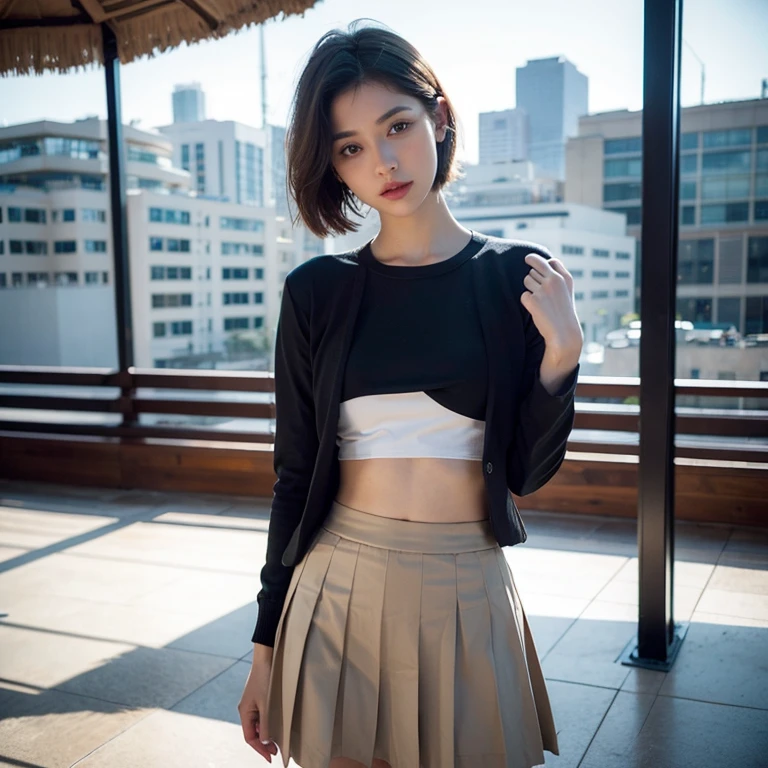 girl，Cool，full，smooth skin，short hair，Pleated Skirt ，