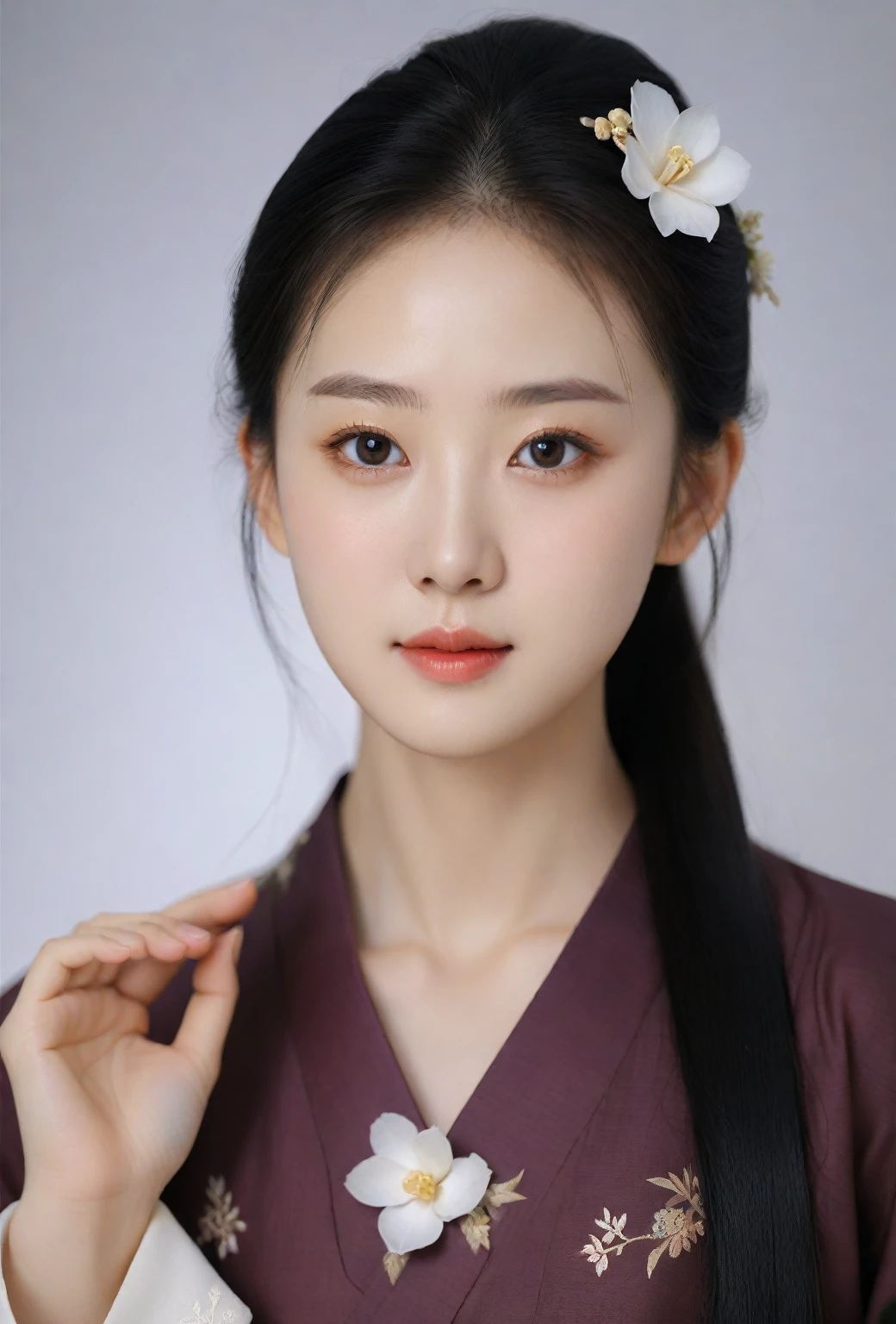 Create a photorealistic portrait of a young Korean woman with fair skin, approximately 18 years old. She has long, flowing black hair and big, expressive brown eyes. Her face is delicately shaped with high cheekbones and a small, pointed nose. She has a warm, inviting smile and radiant skin. She is wearing traditional Korean hanbok.
