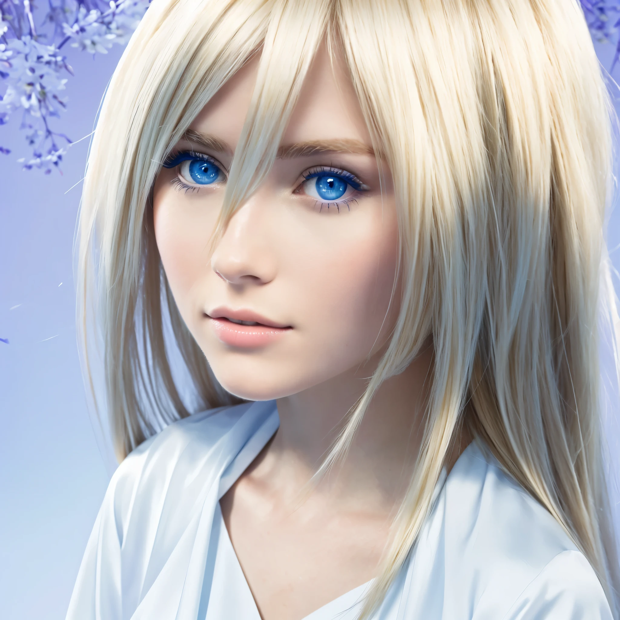 girl with blonde hair and blue eyes, wearing a white gown