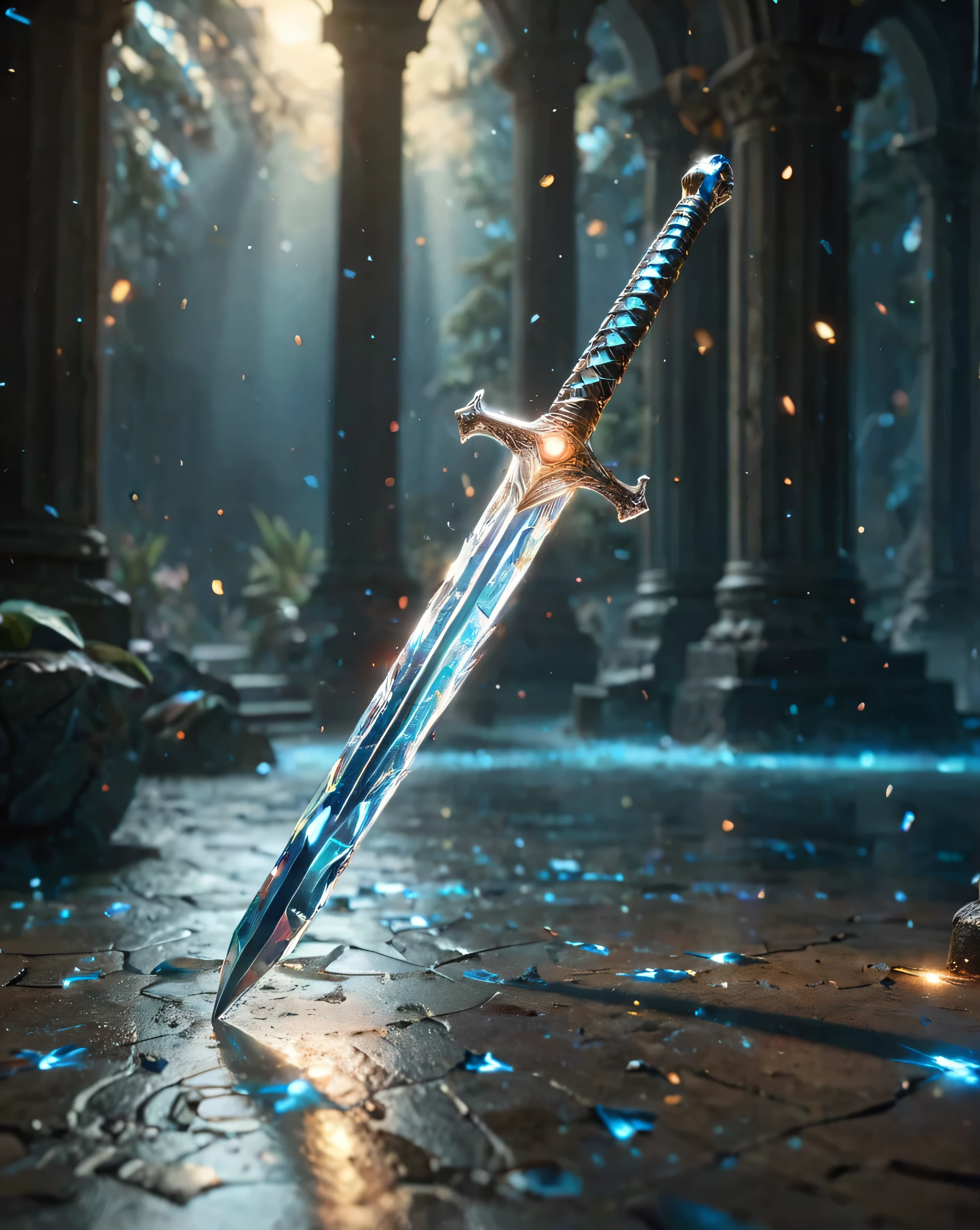bioluminescent, fabulous, magical radiance, Concept art, depth of field, realistic, cinematic lighting, soft shadows, asymmetrical fractal, colorful, vivid colors, volumetric lighting, wind, particles, ral-crztlgls of a (sword) , in a Elder Scrolls setting, 50s Art, Selective focus,