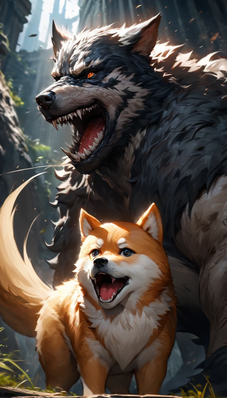 (best quality,highres:1.2),a shiba inu,growling menacingly as it fiercely guards its food,defiantly staring at potential intruders,sharp teeth bared,[strong and muscular body],intense gaze,curly tail wagging with determination,[beautiful fur:1.1],dominating presence,[wary eyes],fluffy ears perked up,a tuft of fur standing on its back,protective and alert posture,showing its territorial nature,vivid colors to enhance its menace,striking contrast between its coat and the surroundings,carefully captured lighting,immersive details capturing every strand of fur and expression,HDR effect to bring out its intensity,realistic rendering of its fierce expression,portrait style with a focus on its majestic but intimidating features