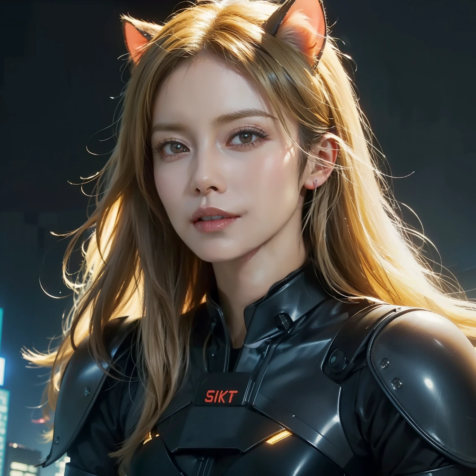 (masterpiece:1.3), (8k, Realistic, RAW Photos, highest quality: 1.4), (One girl), Beautiful Face, (Realistic Face),  Beautiful hairstyle, Realistic eyes, Beautiful fine details, (Realistic Skin), Beautiful Skin, Absurd, Charm, Ultra-high resolution, Ultra-realistic, Very detailed, Golden Ratio, (Cat ear, Blonde Long Hair:1.3)、(Voluminous hair set), (Holding a gun), ((Futuristic skyscrapers:1.4))、tall、Large Breasts、Narrow waist、Big Ass、glamorous、Alluring、Bikini Protector、Armor、combat suit、Combat Boots、Cinematic、Best Shadow、Side lighting、sparkling neon sign, NEO TOKYO、(Close-up of face:1.2)