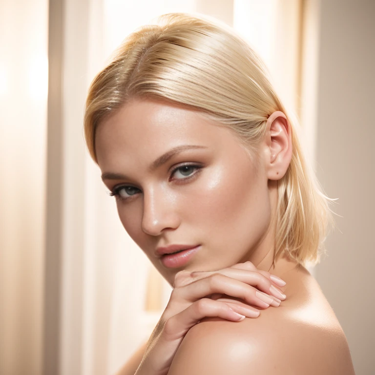 a woman with a very big breast posing for a picture, blonde and attractive features, short slicked - back hair, sleek blond hair, woman with porcelain skin, girl with short white hair, blonde woman, close up of a blonde woman, a girl with blonde hair, beautiful face and flawless skin, diffused natural skin glow, young blonde woman, beautiful blonde woman