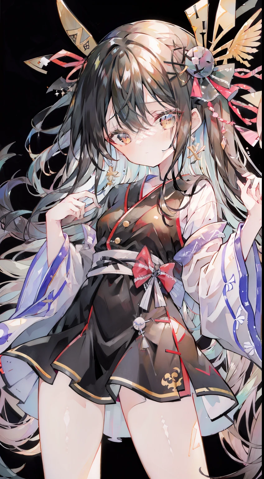 One girl、Onepiece、a black ribbon、cross one's legs、A dark-haired、Very long hair、masterpiece、top-quality、Top image quality、black backgrounds、scary atmosphere