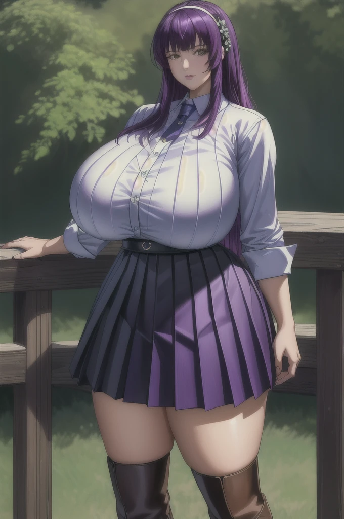 (masterpiece, best quality, high quality, highres, ultra-detailed),  1girl, HibinoYayoi, upper body, cowboy shot,  portrait, looking at viewer, black pleated skirt, white shirt,  leather boots, outdoors, garden, purple hair, long hair,  big boob, large breasts