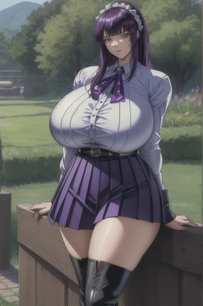 (masterpiece, best quality, high quality, highres, ultra-detailed),  1girl, HibinoYayoi, upper body, cowboy shot,  portrait, looking at viewer, black pleated skirt, white shirt,  leather boots, outdoors, garden, purple hair, long hair,  big boob, large breasts