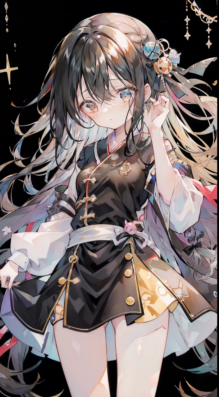 One girl、Onepiece、a black ribbon、cross one's legs、A dark-haired、Very long hair、​masterpiece、top-quality、Top image quality、black backgrounds、scary atmosphere