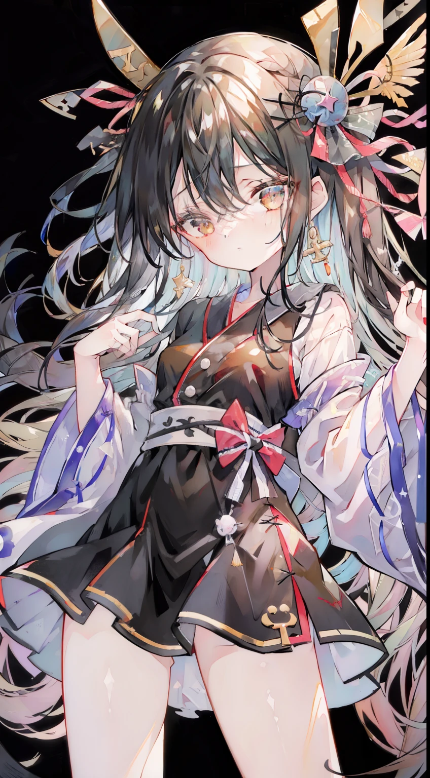 One girl、Onepiece、a black ribbon、cross one's legs、A dark-haired、Very long hair、masterpiece、top-quality、Top image quality、black backgrounds、scary atmosphere