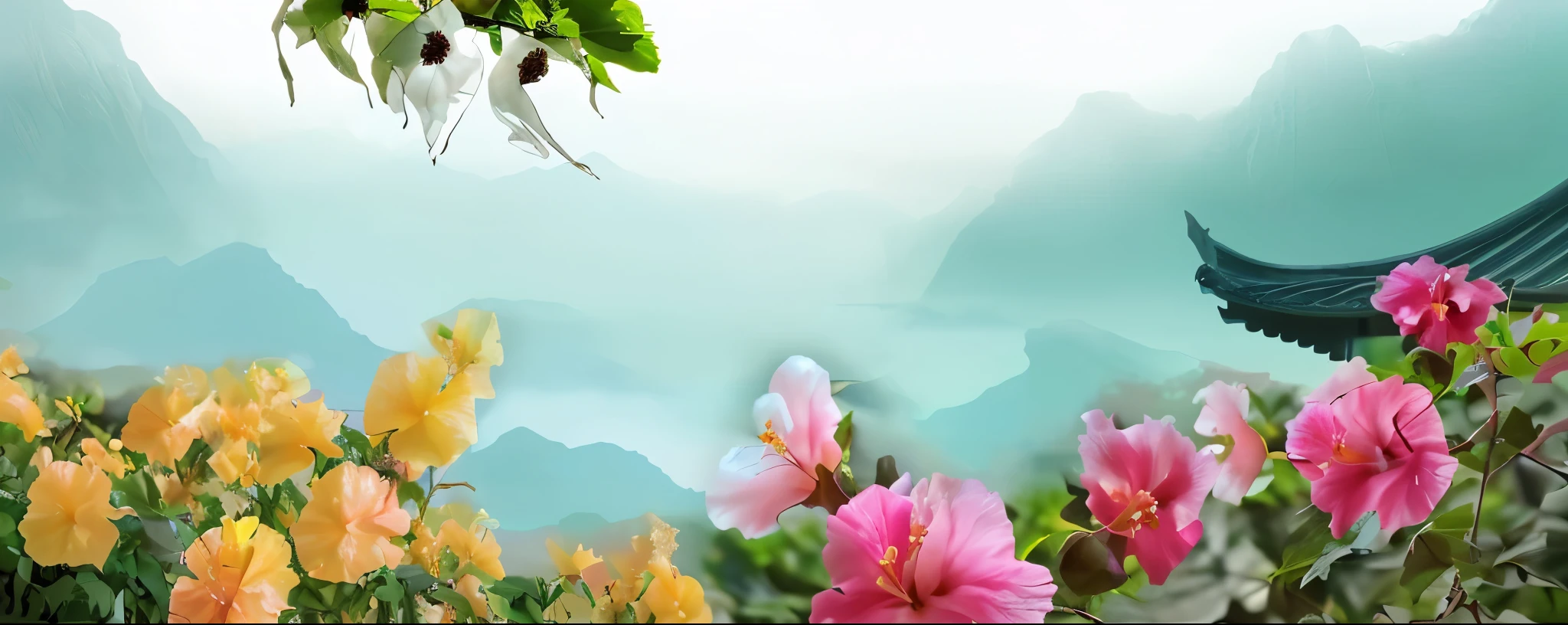 Beautiful hibiscus flowers are in full bloom. Chinese style beautiful tung flowers ink painting distant mountains and sea of flowers are in full bloom