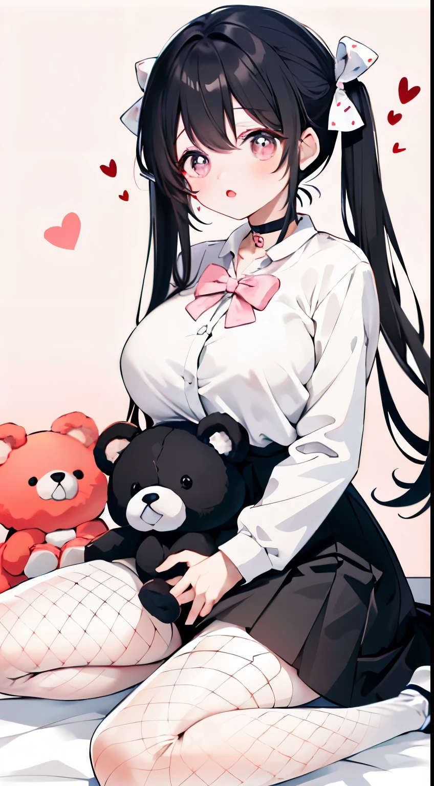 masterpiece, best quality, (jirai_kei), 1woman, adult, mature and big body, big breast, solo, long_hair, looking_at_viewer, shirt, black_hair, long_sleeves, bow, ribbon, twintails, sitting, monochrome, hair_bow, heart, pantyhose, frills, food, shoes, choker, blunt_bangs, black_skirt, pink_eyes, stuffed_toy, pink_background, stuffed_animal, frilled_skirt, pink_bow, (fishnets), candy, bandaid, pink_shirt, teddy_bear, lollipop, (fishnet_pantyhose), platform_footwear, pink_theme, pill, heart-shaped pupils,